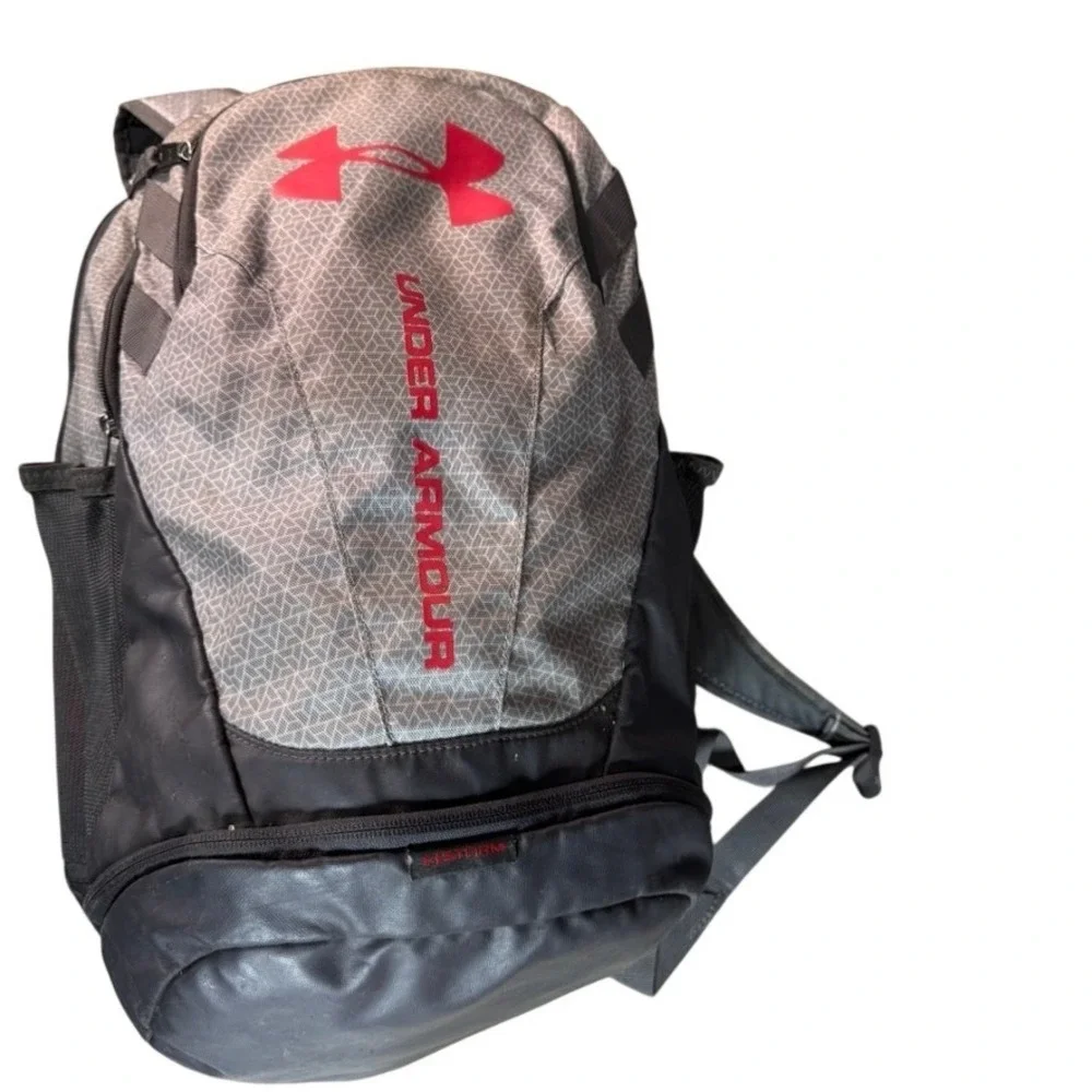 Under Armour Storm Backpack Grey Red Geometric Pattern Laptop Bag Sport Gym